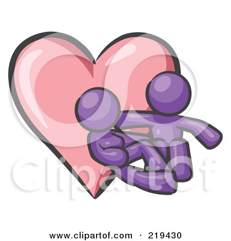 Royalty-Free (RF) Clipart Illustration of a Purple Design Mascot Couple Embracing In Front Of A Heart by Leo Blanchette