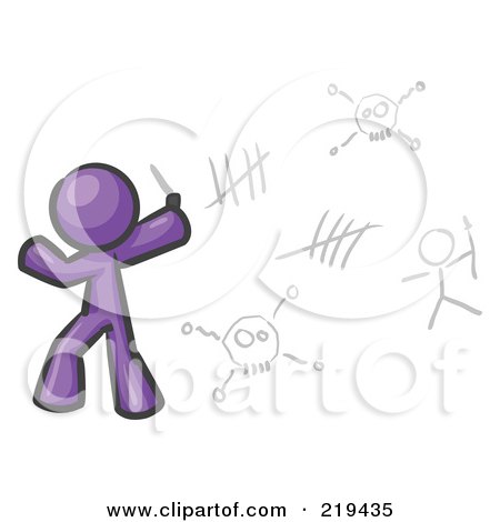 Royalty-Free (RF) Clipart Illustration of a Purple Design Mascot Man Writing Tribal Designs On A Wall by Leo Blanchette