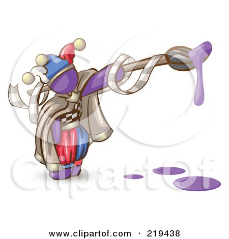 Royalty-Free (RF) Clipart Illustration of a Purple Man Design Mascot Jester With A Dripping Paintbrush by Leo Blanchette