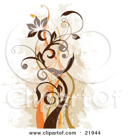 Clipart Picture Illustration of a Green And Brown Vine Plant With Scrolls And Orange Blossoms Over A Faded Brown And White Background by OnFocusMedia