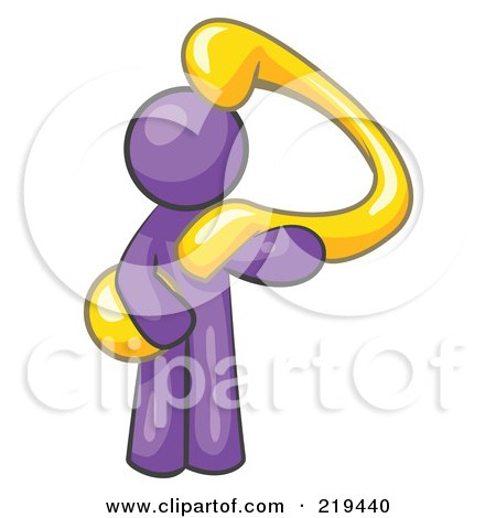 Royalty-Free (RF) Clipart Illustration of a Purple Man Carrying A Large Yellow Question Mark Over His Shoulder, Symbolizing Curiosity, Uncertainty Or Confusion  by Leo Blanchette