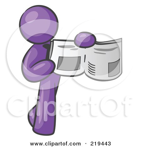 Clipart Illustration of a Purple Man Holding Up A Newspaper And Pointing To An Article by Leo Blanchette