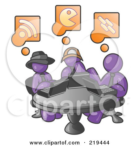 Royalty-Free (RF) Clipart Illustration of Three Purple Men Using Laptops in an Internet Cafe by Leo Blanchette