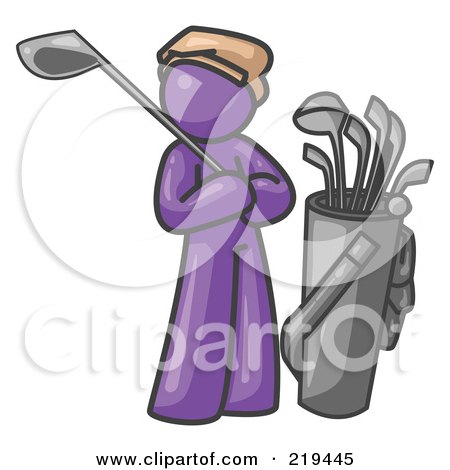 Royalty-Free (RF) Clipart Illustration of a Purple Man Standing by His Golf Clubs by Leo Blanchette