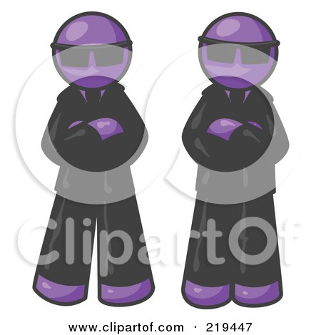 Clipart Illustration of Two Purple Men Standing With Their Arms Crossed, Wearing Sunglasses and Black Suits by Leo Blanchette
