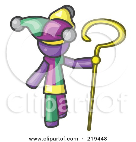Royalty-Free (RF) Clipart Illustration of a Purple Man In A Jester Costume, Holding A Yellow Staff by Leo Blanchette