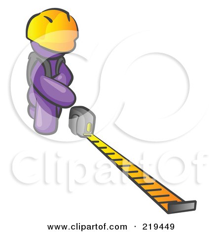 Clipart Illustration of a Purple Man Contractor Wearing A Hardhat, Kneeling And Measuring by Leo Blanchette