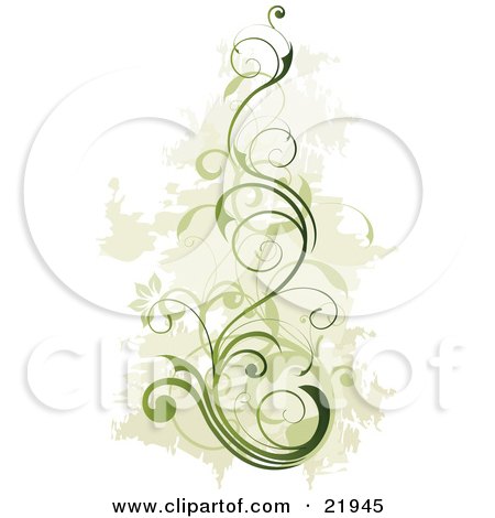 Clipart Picture Illustration of a Green Vine Plant With Blooming Flowers Over A Faded Green And White Background by OnFocusMedia