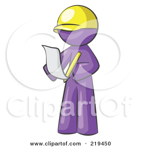 Royalty-Free (RF) Clipart Illustration of a Purple Man Draftsman Reviewing Plans by Leo Blanchette