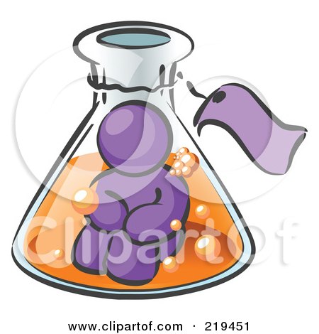 Clipart Illustration of a Purple Man Trapped Inside A Bubbly Potion In A Laboratory Beaker With A Tag Around The Bottle by Leo Blanchette