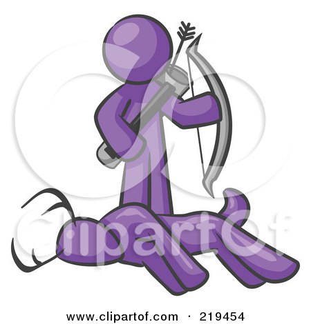 Clipart Illustration of a Purple Man, A Hunter, Holding A Bow And Arrow Over A Dead Buck Deer by Leo Blanchette