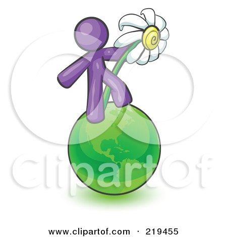 Clipart Illustration of a Purple Man Standing On The Green Planet Earth And Holding A White Daisy, Symbolizing Organics And Going Green For A Healthy Environment by Leo Blanchette