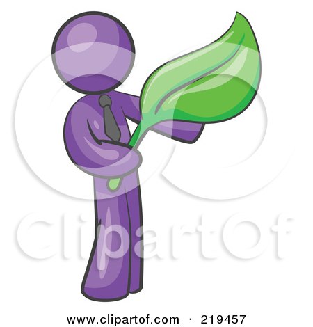 Clipart Illustration of a Purple Man Holding A Green Leaf, Symbolizing Gardening, Landscaping Or Organic Products by Leo Blanchette