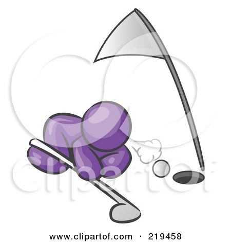Clipart Illustration of a Purple Man Down On The Ground, Trying To Blow A Golf Ball Into The Hole by Leo Blanchette