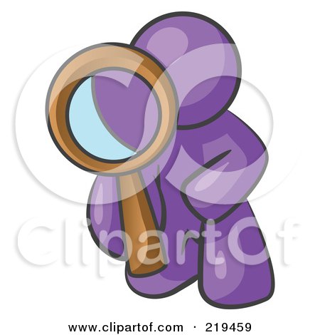 Clipart Illustration of a Purple Man Kneeling On One Knee To Look Closer At Something While Inspecting Or Investigating by Leo Blanchette