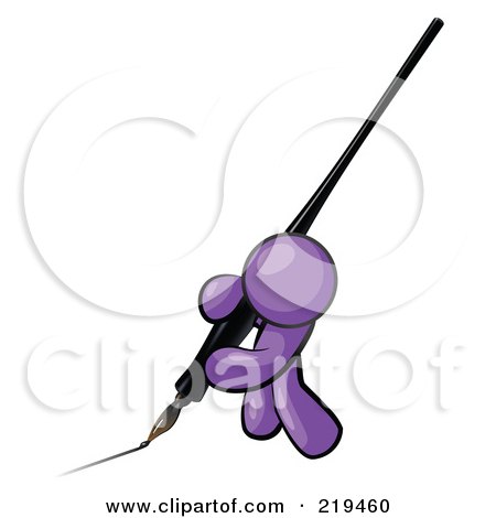 Clipart Illustration of a Purple Man Drawing A Line With A Large Black Calligraphy Ink Pen by Leo Blanchette