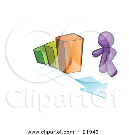 Clipart Illustration of a Purple Man Standing By An Increasing Green, Yellow And Orange Bar Graph On A Grid Background With An Arrow by Leo Blanchette
