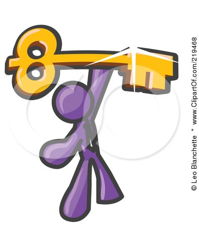 Clipart Illustration of a Purple Businessman Holding A Large Golden Skeleton Key, Symbolizing Success by Leo Blanchette