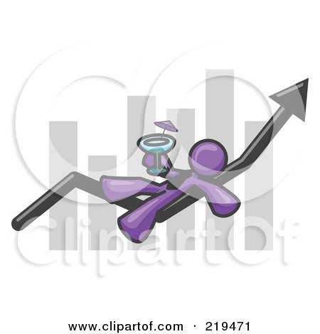 Clipart Illustration of a Purple Business Owner Man Relaxing on an Increase Bar and Drinking, Finally Taking a Break by Leo Blanchette