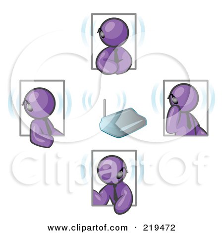 Clipart Illustration of a Group of Four Purple Men Holding A Phone Meeting And Wearing Wireless Bluetooth Headsets by Leo Blanchette