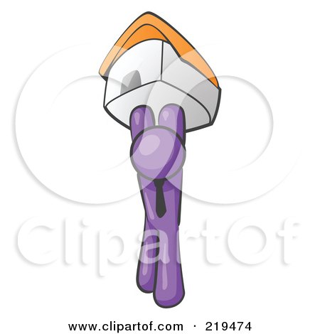 Clipart Illustration of a Purple Man Holding Up A House Over His Head, Symbolizing Home Loans and Realty by Leo Blanchette