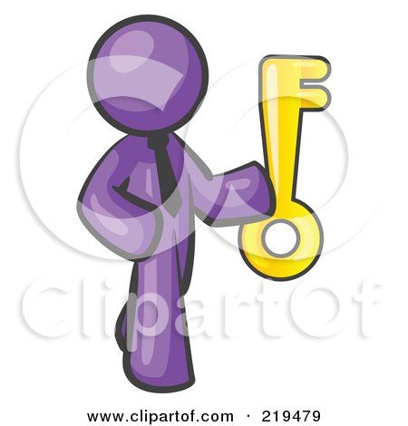 Clipart Illustration of a Purple Businessman Holding up a Large Golden Skeleton Key by Leo Blanchette