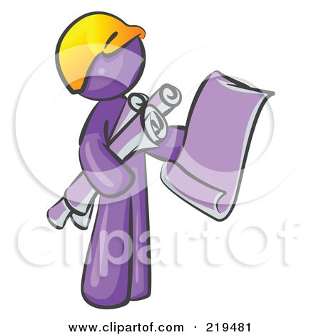 Clipart Illustration of a Purple Man Contractor Or Architect Holding Rolled Blueprints And Designs And Wearing A Hardhat by Leo Blanchette