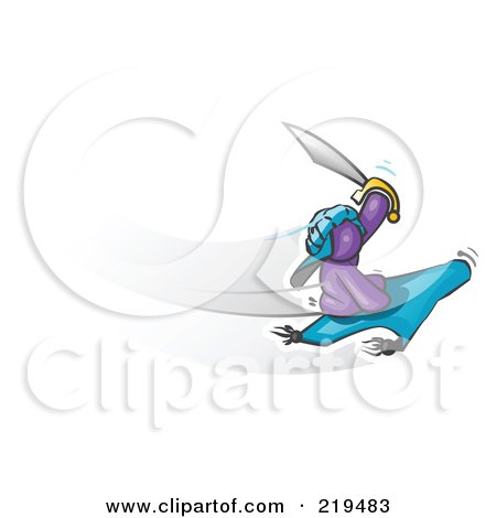 Royalty-Free (RF) Clipart Illustration of a Purple Man Holding up a Sword and Flying on a Magic Carpet by Leo Blanchette