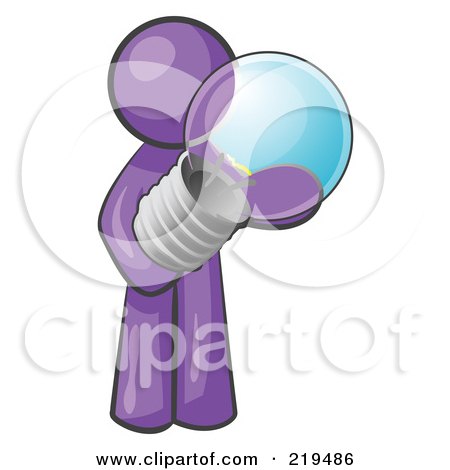 Royalty-Free (RF) Clipart Illustration of a Purple Man Holding A Glass Electric Lightbulb, Symbolizing Utilities Or Ideas by Leo Blanchette