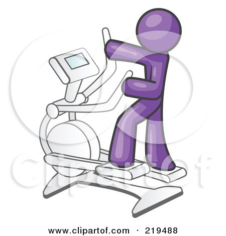 Royalty-Free (RF) Clipart Illustration of a Purple Man Exercising on a Cross Trainer in a Gym by Leo Blanchette