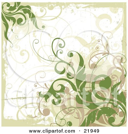 Clipart Picture Illustration of Green And Tan Vines Over A Grunge White Background by OnFocusMedia