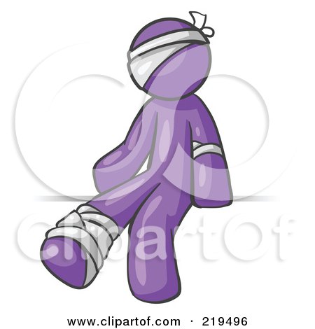 Royalty-Free (RF) Clipart Illustration of an Injured Purple Man Sitting In The Emergency Room After Being Bandaged Up On The Head, Arm And Ankle Following An Accident Clipart Graphic by Leo Blanchette