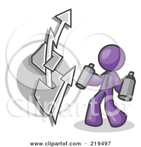 Clipart Illustration of a Purple Business Man Spray Painting a Graffiti Dollar Sign on a Wall by Leo Blanchette