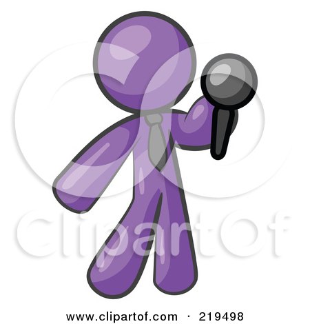 Clipart Illustration of a Purple Man Standing On Stage And Holding A Microphone While Singing Karaoke Or Telling Jokes by Leo Blanchette
