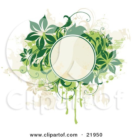 Clipart Picture Illustration of a Blank Yellow Text Circle With Green And Tan Vines, Flowers And Splatters by OnFocusMedia