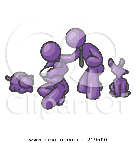 Clipart Illustration of a Purple Family, Father, Mother And Newborn Baby With Their Dog And Cat by Leo Blanchette