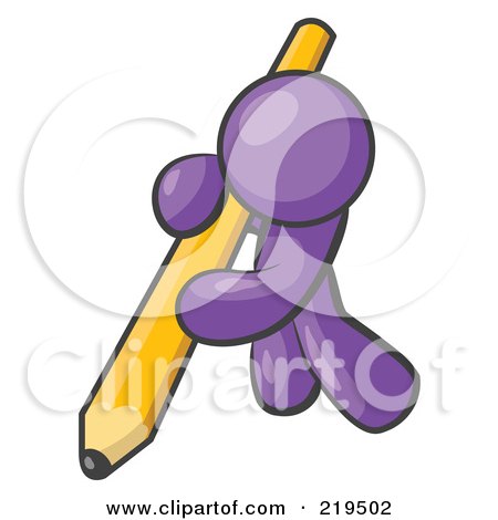 Royalty-Free (RF) Clipart Illustration of a Purple Man Using All Of His Strength To Hold Up And Write With A Giant Yellow Number Two Pencil  by Leo Blanchette