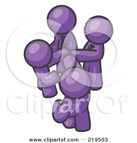 Royalty-Free (RF) Clipart Illustration of a Group of Purple Businessmen Going in Together on a Deal by Leo Blanchette