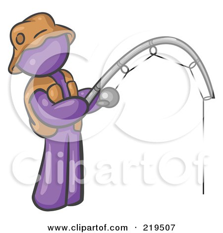 Clipart Illustration of a Purple Man Wearing A Hat And Vest And Holding A Fishing Pole by Leo Blanchette