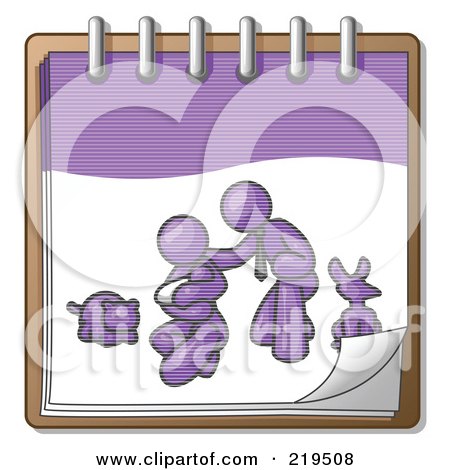 Clipart Illustration of a Purple Family Showing A Man Kneeling Beside His Wife And Newborn Baby With Their Dog And Cat On A Notebook, Symbolizing Family Planning by Leo Blanchette