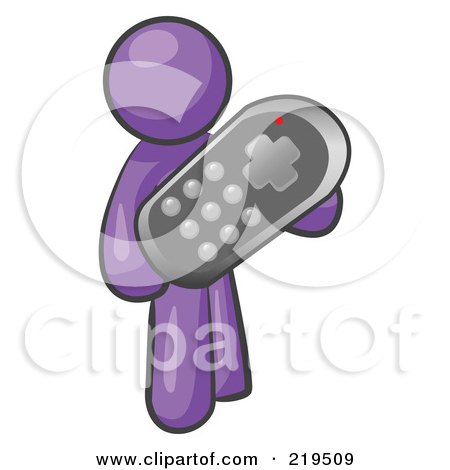 Clipart Illustration of a Purple Man Holding A Remote Control To A Television by Leo Blanchette