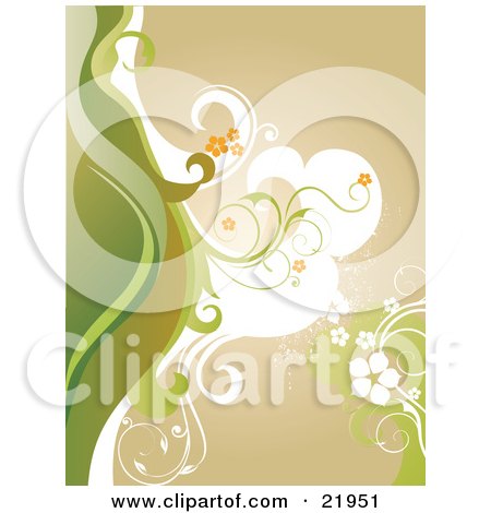 Clipart Picture Illustration of White, Green And Brown Waves With Orange And White Flowers Over A Brown Background by OnFocusMedia