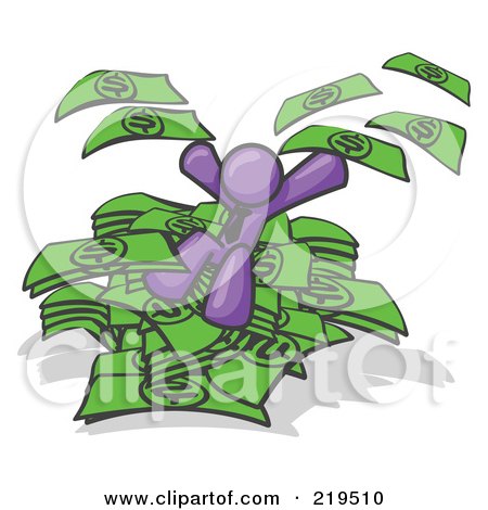 Clipart Illustration of a Purple Business Man Jumping in a Pile of Money and Throwing Cash Into the Air by Leo Blanchette