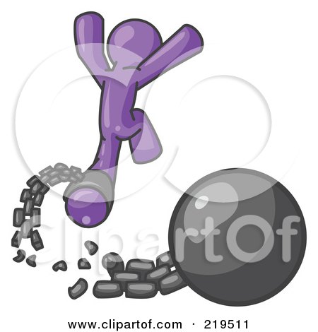 Clipart Illustration of a Purple Man Jumping For Joy While Breaking Away From a Ball and Chain, Symbolizing Freedom From Debt Or Divorce by Leo Blanchette