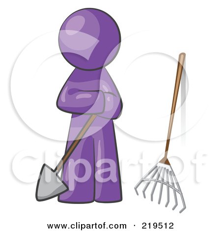 Royalty-Free (RF) Clipart Illustration of a Purple Man Gardener With A Shovel And A Rake by Leo Blanchette