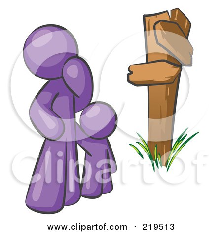 Clipart Illustration of an Uncertain Purple Man And Child Standing At A Wooden Post, Trying To Decide Which Direction To Go At A Crossroads by Leo Blanchette