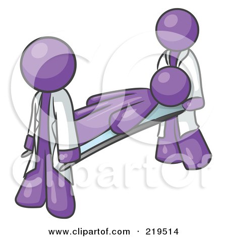 Royalty-Free (RF) Clipart Illustration of an Injured Purple Man Being Carried On A Gurney To An Ambulance Or Into The Hospital By Two Paramedics After An Accident Or Health Problem  by Leo Blanchette
