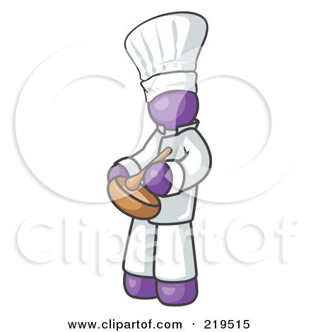 Clipart Illustration of a Purple Baker Chef Cook in Uniform and Chef's Hat, Stirring Ingredients in a Bowl by Leo Blanchette