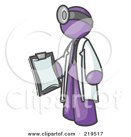 Clipart Illustration of a Purple Male Doctor Holding a Clipboard And Wearing a Head Lamp by Leo Blanchette