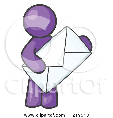 Clipart Illustration of a Purple Person Standing And Holding A Large Envelope, Symbolizing Communications And Email by Leo Blanchette